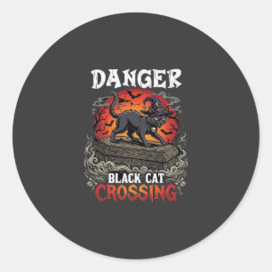 Danger Black Cat Crossing Halloween Witch Hat Coff Classic Round Sticker