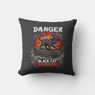 Danger Black Cat Crossing Halloween Witch Hat Coff Cushion