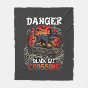 Danger Black Cat Crossing Halloween Witch Hat Coff Fleece Blanket