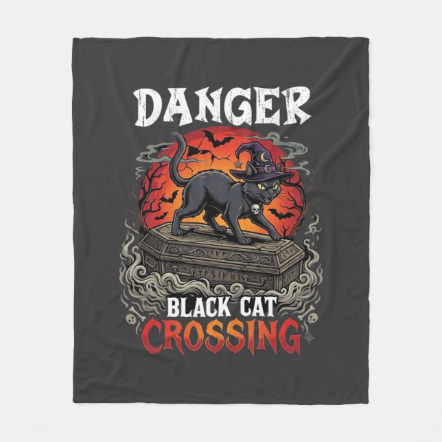 Danger Black Cat Crossing Halloween Witch Hat Coff Fleece Blanket (Front)