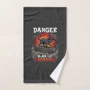 Danger Black Cat Crossing Halloween Witch Hat Coff Hand Towel