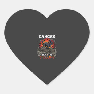 Danger Black Cat Crossing Halloween Witch Hat Coff Heart Sticker