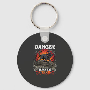 Danger Black Cat Crossing Halloween Witch Hat Coff Key Ring