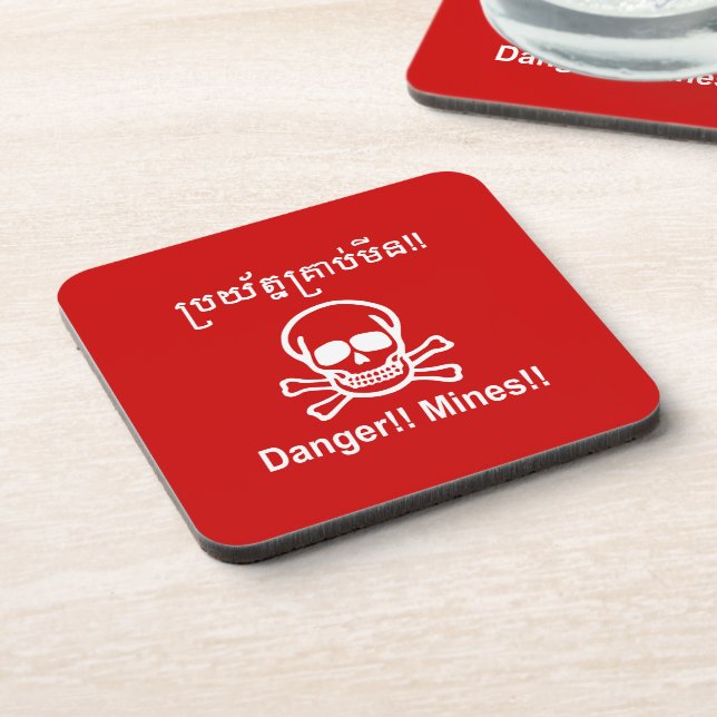 Danger!! Mines!! ☠ Cambodian Khmer Sign ☠ Coaster (Left Side)