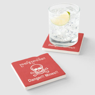 Danger!! Mines!! ☠ Cambodian Khmer Sign ☠ Stone Coaster
