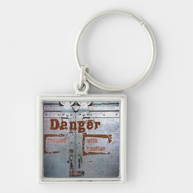 Danger Proceed with Caution grey industrial door Key Ring (Front)