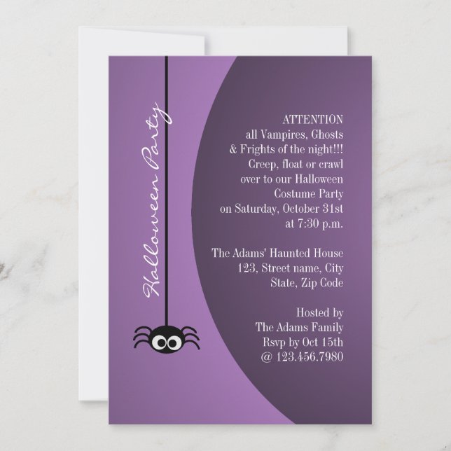 Dangling Halloween Spider (Purple) Invitation (Front)