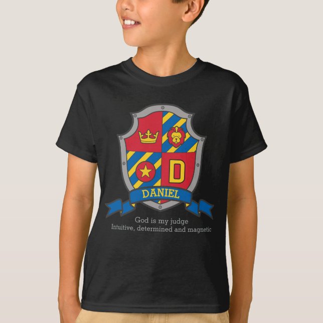 Daniel boys D name & meaning knights shield T-Shirt (Front)