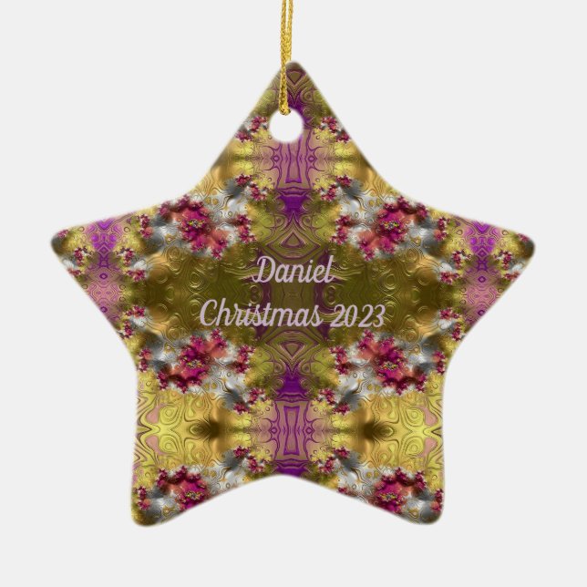 DANIEL~ Gold Christmas Star Fractal ~ Ceramic Orna Tree Decoration (Front)