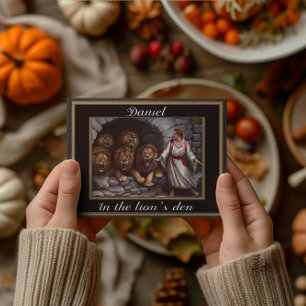Daniel standing in the lions den stone-walled  postcard
