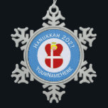Danish Angel Hanukkah Flag Personalised  Snowflake Pewter Christmas Ornament<br><div class="desc">Hanukkah decor snowflake pewter ornament for the holiday season shows an angel wearing the red and white flag of Denmark. Designed for families of multiple religions, the Hanukkah Danish angel is found in the centre of white squiggly squares, surrounded by blue squiggly squares. Add a name to personalise. Customise by...</div>