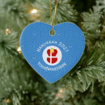 Danish Angel Hanukkah Flag Personalized  Ceramic Tree Decoration<br><div class="desc">Hanukkah decor heart shaped ceramic ornament for the holiday season shows an angel wearing the red and white flag of Denmark. Designed for families of multiple religions, the Hanukkah Danish angel is found in the center of white squiggly squares, surrounded by blue squiggly squares. Add a name to personalize. Customize...</div>