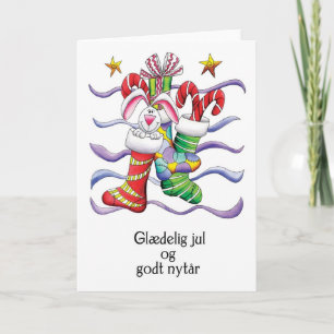 Danish - Christmas Stocking With Rabbit And Gifts Holiday Card