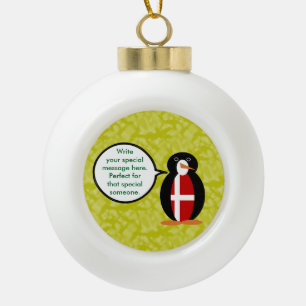 Danish Flag Holiday Ms. Penguin Talking Ceramic Ball Christmas Ornament