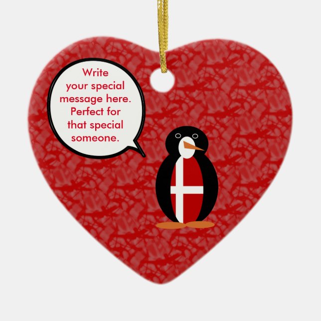 Danish Flag Holiday Ms. Penguin Talking Ceramic Tree Decoration (Front)
