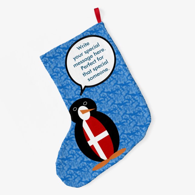 Danish Flag Holiday Ms. Penguin Talking Large Christmas Stocking (Back (Hanging))