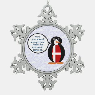 Danish Flag Holiday Ms. Penguin Talking Snowflake Pewter Christmas Ornament