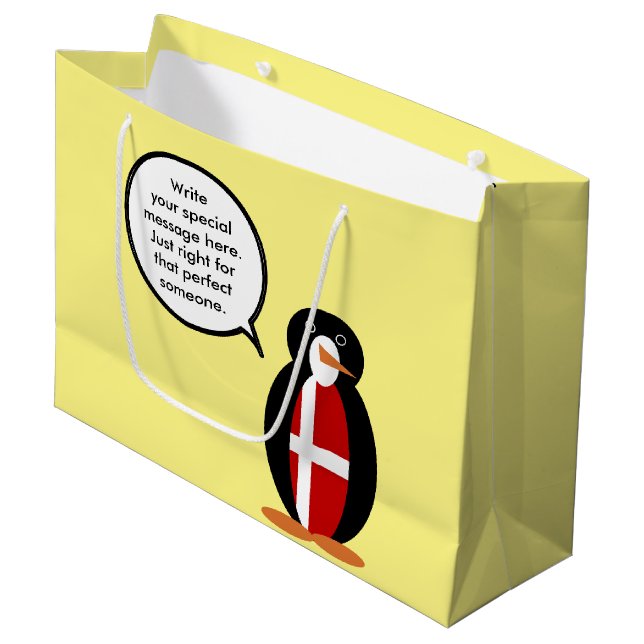 Danish Flag Talking Ms. Penguin Personalised Large Gift Bag (Front Angled)