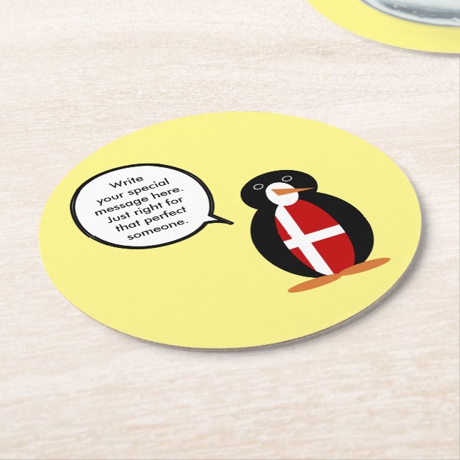 Danish Flag Talking Ms. Penguin Personalised Round Paper Coaster (Angled)