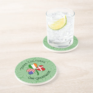 Danish Irish American Flag Shamrock Coaster