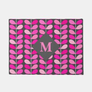 Danish Leaves With Monogram, Fuchsia Pink and Grey Doormat