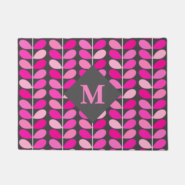 Danish Leaves With Monogram, Fuchsia Pink and Grey Doormat (Front)