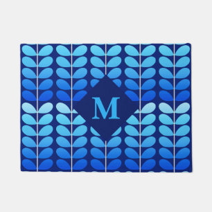Danish Leaves With Monogram, Navy and Cobalt Blue Doormat