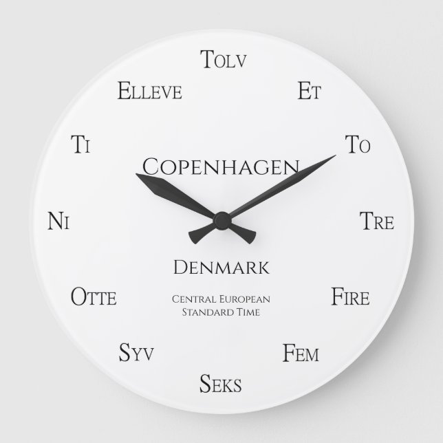 Danish Numbers Personalised City Country Time Zone Large Clock (Front)