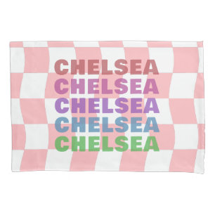 Danish Pastel Pink White Wavy Checkerboard Name Pillowcase