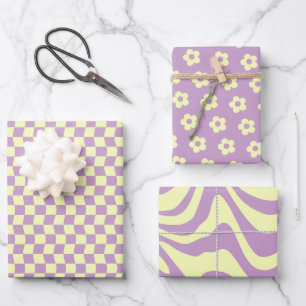 Danish Pastel Yellow Purple Wavy Checkered Flower Wrapping Paper Sheet
