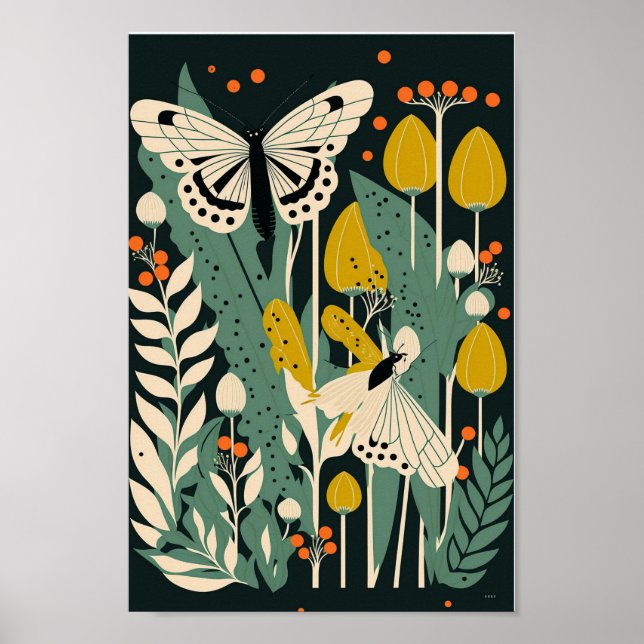 Danish Scandinavian Butterfly Floral Flower Art  Poster (Front)
