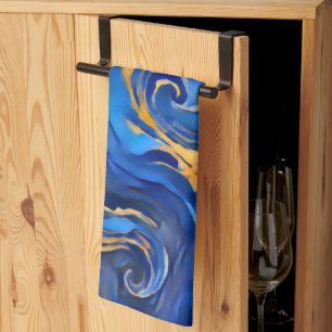 Danse Royale Rich Royal Blue Gold Flowing Abstract Tea Towel