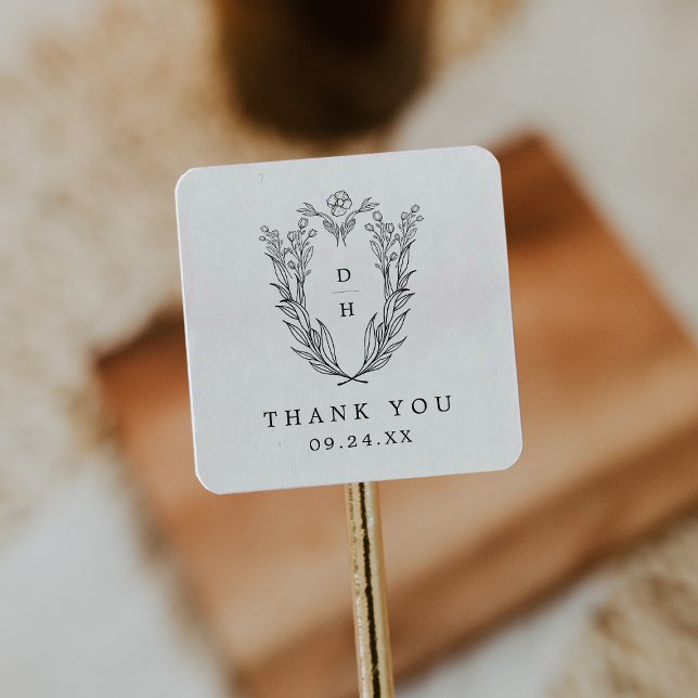 DAPHNE Black White Traditional Wedding Thank You Square Sticker (DAPHNE Black White Traditional Wedding Thank You Square Sticker)