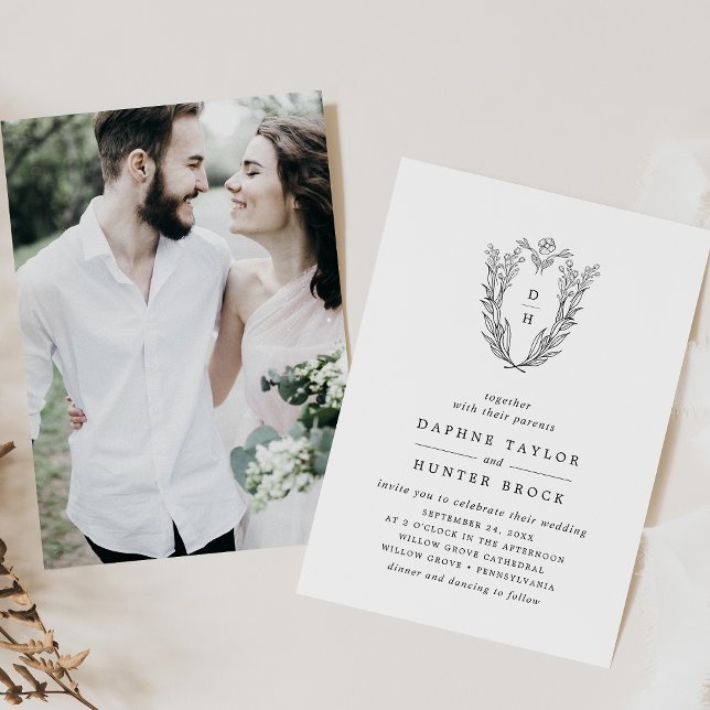 DAPHNE Classic Black White Floral Photo Wedding Invitation (DAPHNE Classic Black White Floral Photo Wedding Invitation)