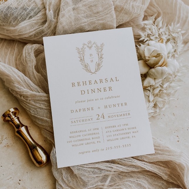 DAPHNE Crest White Gold Simple Rehearsal Dinner Invitation (DAPHNE Crest White Gold Simple Rehearsal Dinner Invitation)