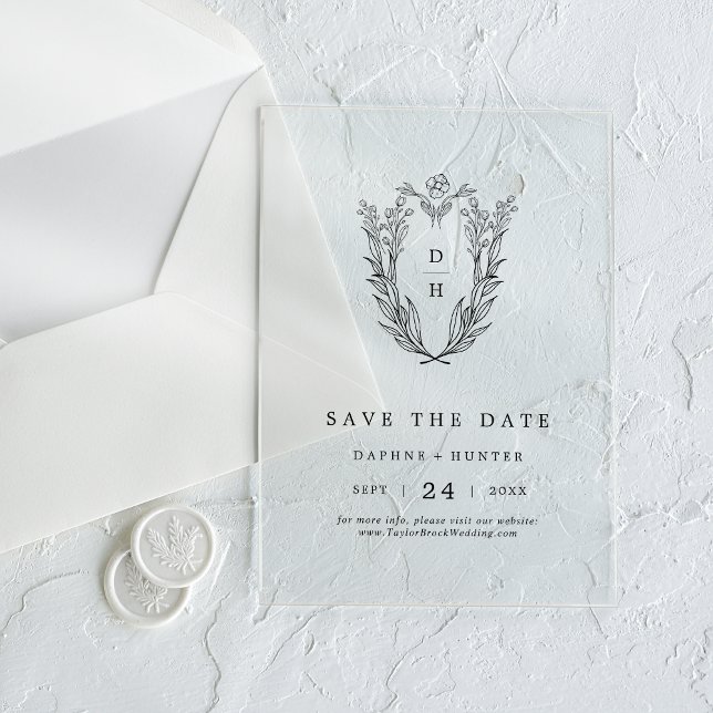 DAPHNE Floral Monogram Black Wedding Save The Date Acrylic Invitations (DAPHNE Floral Monogram Black Wedding Save The Date Acrylic Invitations)