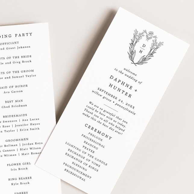 DAPHNE Greenery Black White Crest Monogram Wedding Programme (DAPHNE Greenery Black White Crest Monogram Wedding Program)