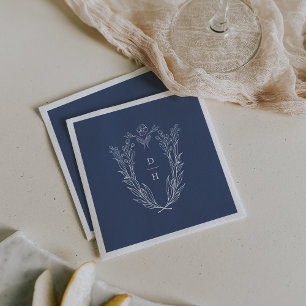 DAPHNE Modern Dark Blue White Botanical Wedding Napkin