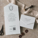 DAPHNE QR Code Black White Floral Vintage Wedding All In One Invitation<br><div class="desc">This QR code black and white floral vintage wedding all in one invitation from the Daphne Collection is perfect for a traditional wedding. The simple yet classic design features an elegant and timeless crest monogram with florals and greenery surrounding the initials of the couple. Hand write your guest addresses on...</div>