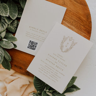 DAPHNE QR Code Cream Gold Vintage Elegant Wedding Invitation