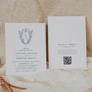 DAPHNE QR Code White Blue Minimalist Navy Wedding Invitation