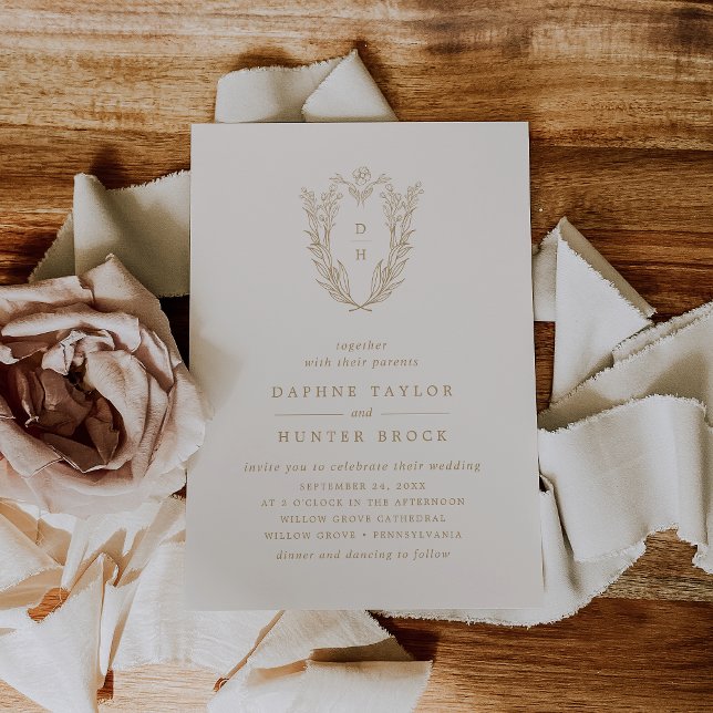 DAPHNE Simple Botanical Vintage Cream Gold Wedding Invitation (DAPHNE Simple Botanical Vintage Cream Gold Wedding Invitation)