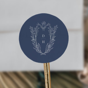 DAPHNE Simple Dark Blue Modern Wedding Monogram Classic Round Sticker