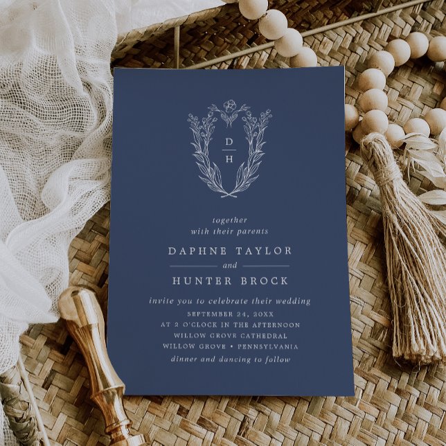 DAPHNE Simple Modern Botanical Dark Blue Wedding Invitation (DAPHNE Simple Modern Botanical Dark Blue Wedding Invitation)
