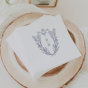 DAPHNE White Blue Elegant Navy Botanical Wedding Napkin