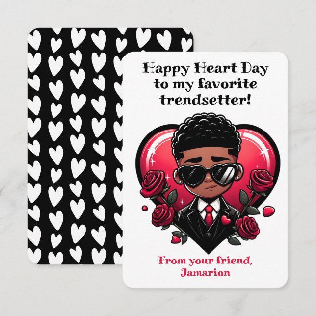 Dapper African American Boy Classroom Valentine Thank You Card (Front/Back)