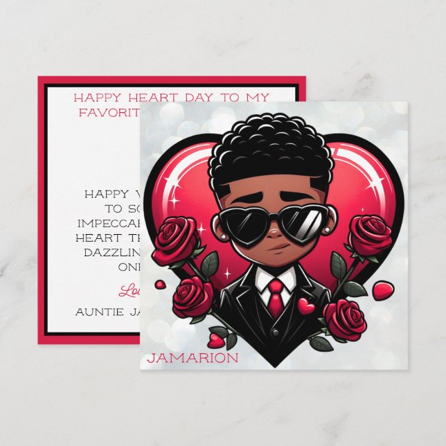 Dapper African American Boy Red Heart Valentine Card (Front/Back)