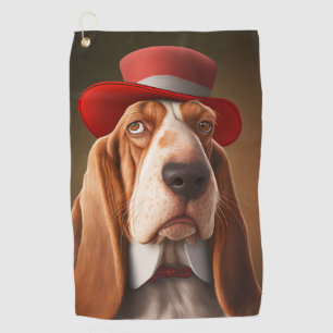 Dapper Basset Hound with Red Hat Golf Towel