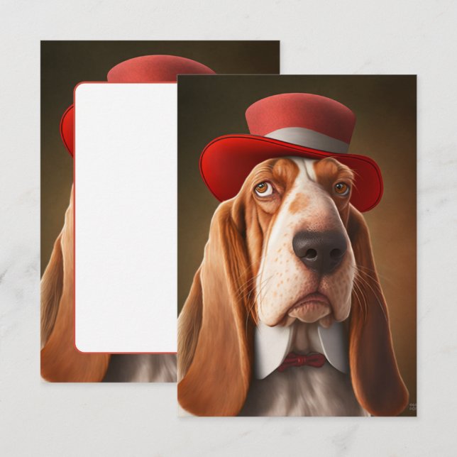 Dapper Basset Hound with Red Hat Thank You Card (Front/Back)