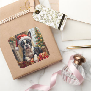Dapper Boston Terrier Dog Christmas Gift Square Sticker